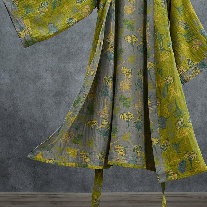 Ownkoti Green Gray Ginkgo Leaf Cotton Kimono Robe - image 4