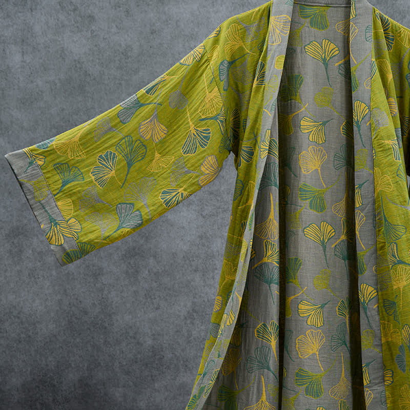 Ownkoti Green Gray Ginkgo Leaf Cotton Kimono Robe - image 2