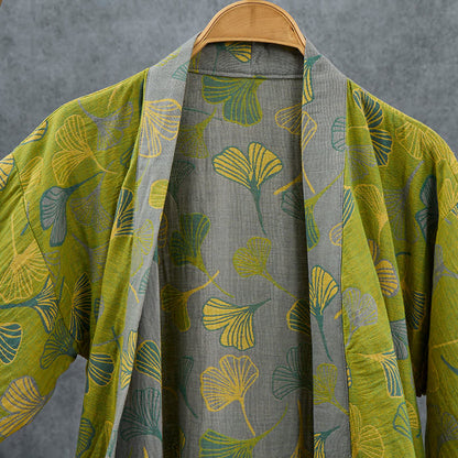 Ownkoti Green Gray Ginkgo Leaf Cotton Kimono Robe - image 3
