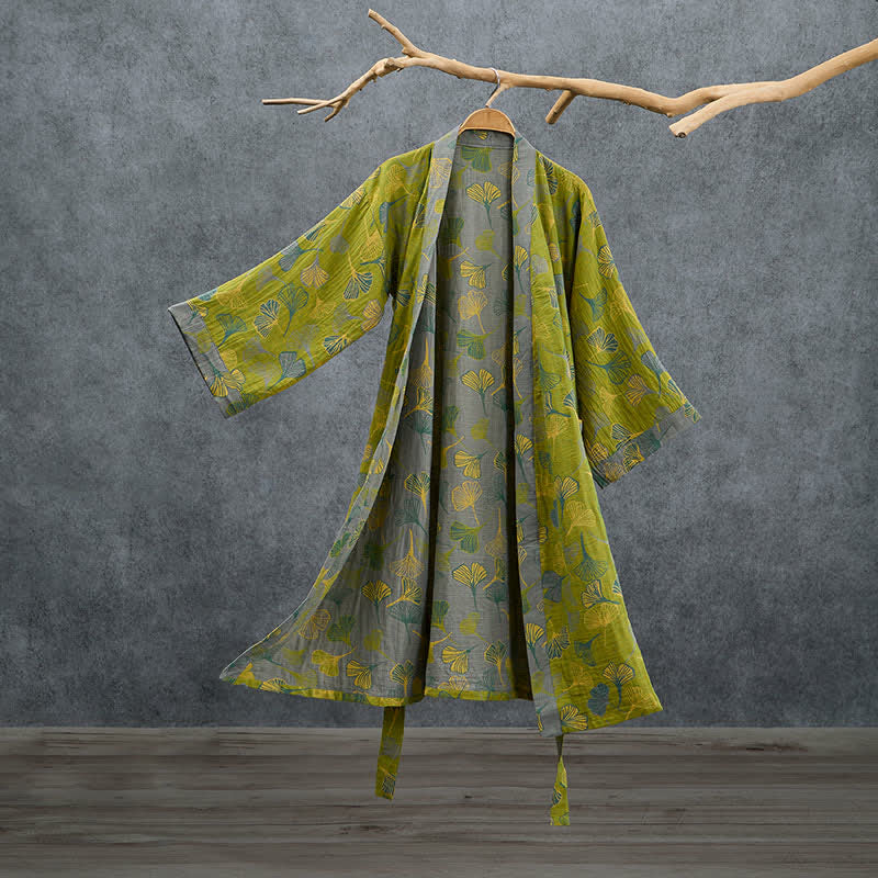 Ownkoti Green Gray Ginkgo Leaf Cotton Kimono Robe - Green - 2XL - image 0