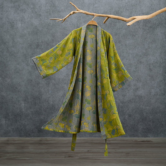 Ownkoti Green Gray Ginkgo Leaf Cotton Kimono Robe - Green - 2XL - image 0