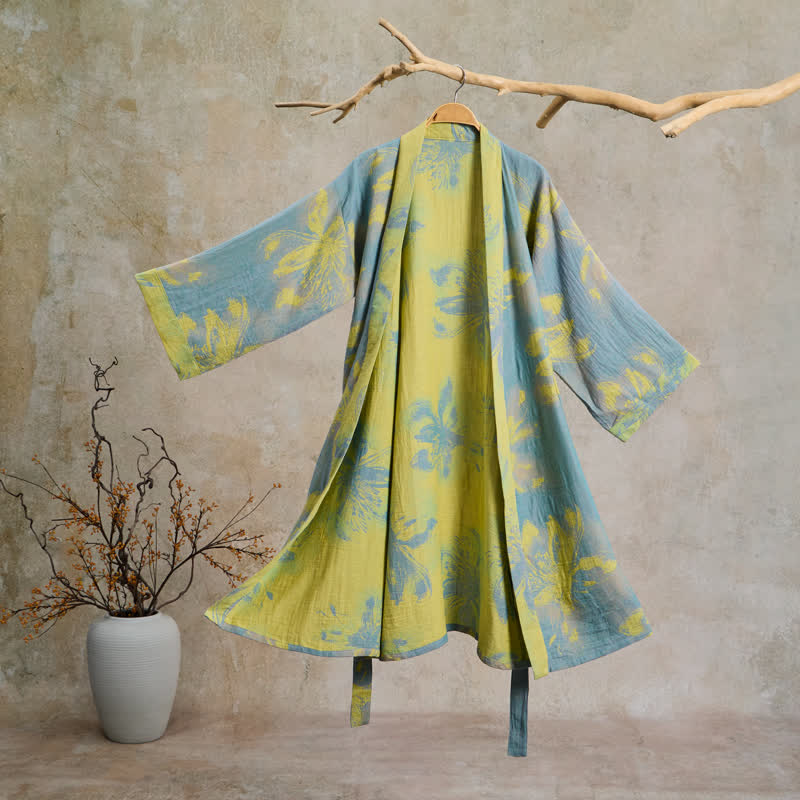 Ownkoti Bohemian Floral Cotton Double Gauze Kimono Robe - Cyan - 2XL - image 0