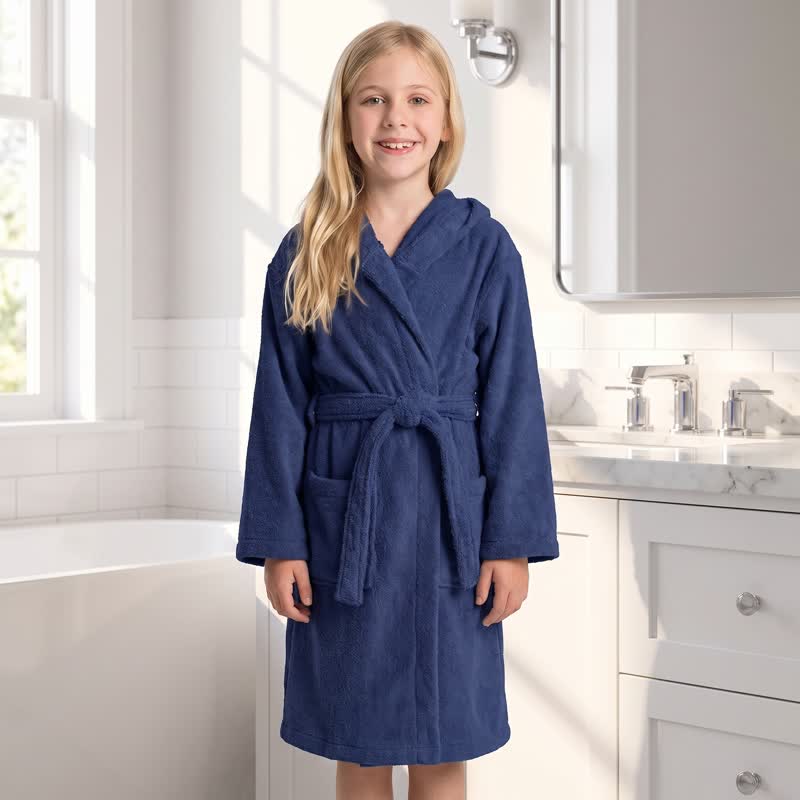 Ownkoti Solid Hooded Cotton Child Bathrobe - Navy Blue - L - image 12