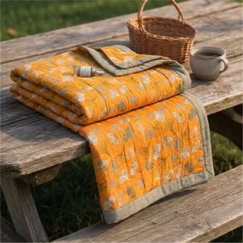 Ownkoti Golden Ginkgo Reversible Cotton Blanket - Orange - 90" x 92" - image 0