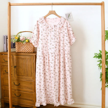 Ownkoti Dainty Floral Ruffle Collar Cotton Muslin Nightgown - Pink - XL - image 0