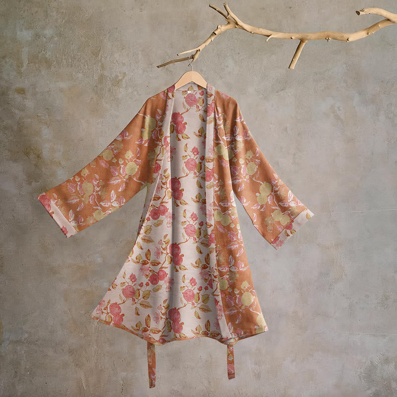 Ownkoti Botanical Pomegranate Print Cotton Kimono Robe - Green & Red - 2XL - image 0