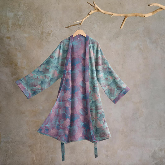 Ownkoti Dreamy Ginkgo Leaf Cotton Kimono Robe - Mint Lavender - 2XL - image 0