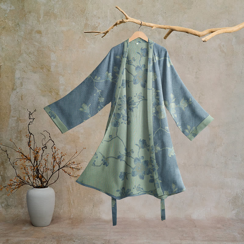 Ownkoti Sage Blue Floral Cotton Kimono Robe - Blue & Sage - 2XL - image 0