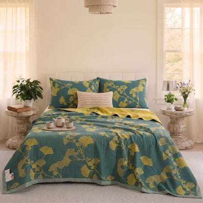 Ownkoti Nordic Ginkgo Leaf Reversible Cotton Quilt - Green - Quilt with 2PCS Pillowcases - Cal King - image 2