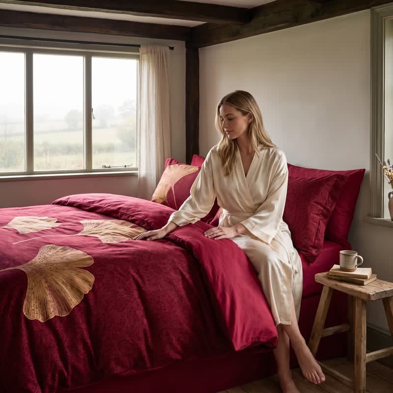 Ownkoti Deep Red Ginkgo Leaf Cotton Bedding Set - image 3