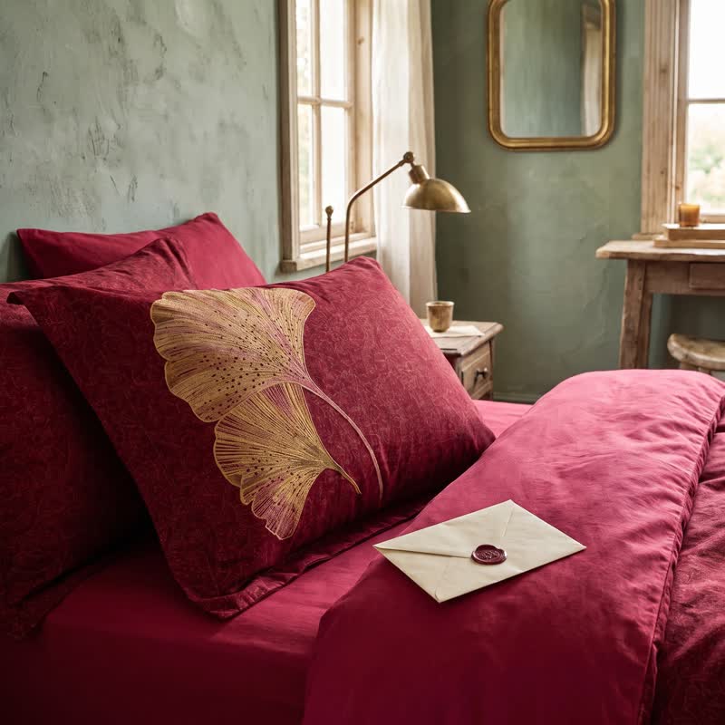 Ownkoti Deep Red Ginkgo Leaf Cotton Bedding Set - image 5