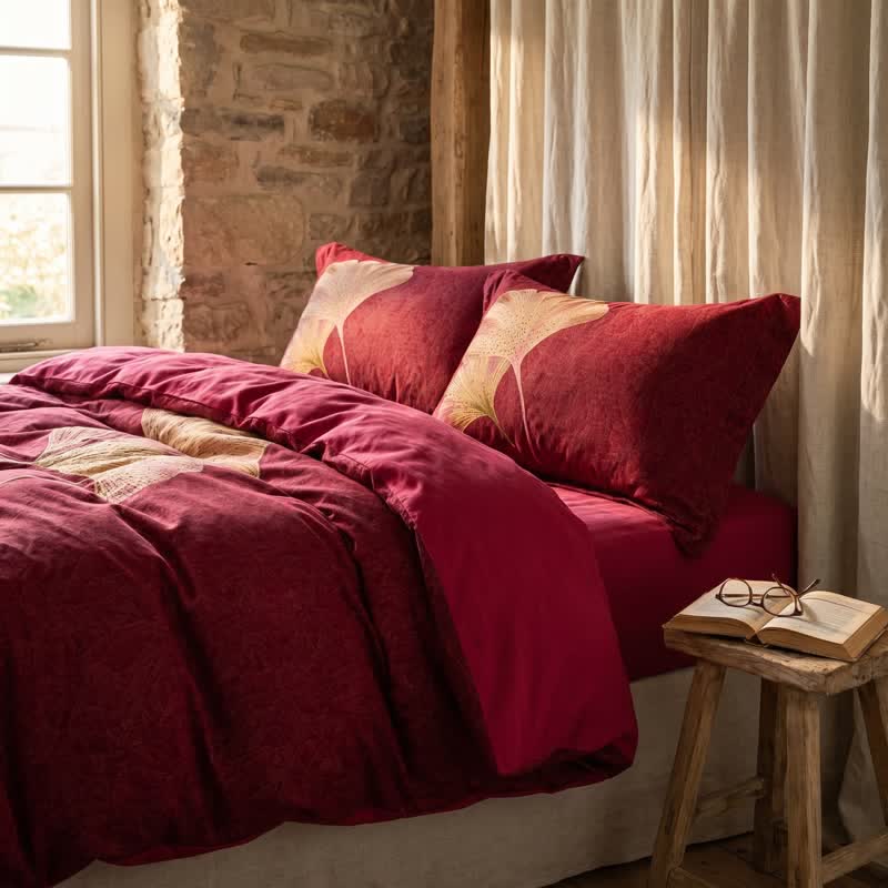 Ownkoti Deep Red Ginkgo Leaf Cotton Bedding Set - Red - Queen - 4PCS Bedding Set - image 0