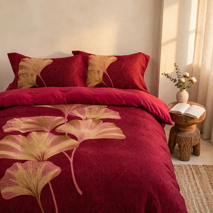 Ownkoti Deep Red Ginkgo Leaf Cotton Bedding Set - image 2