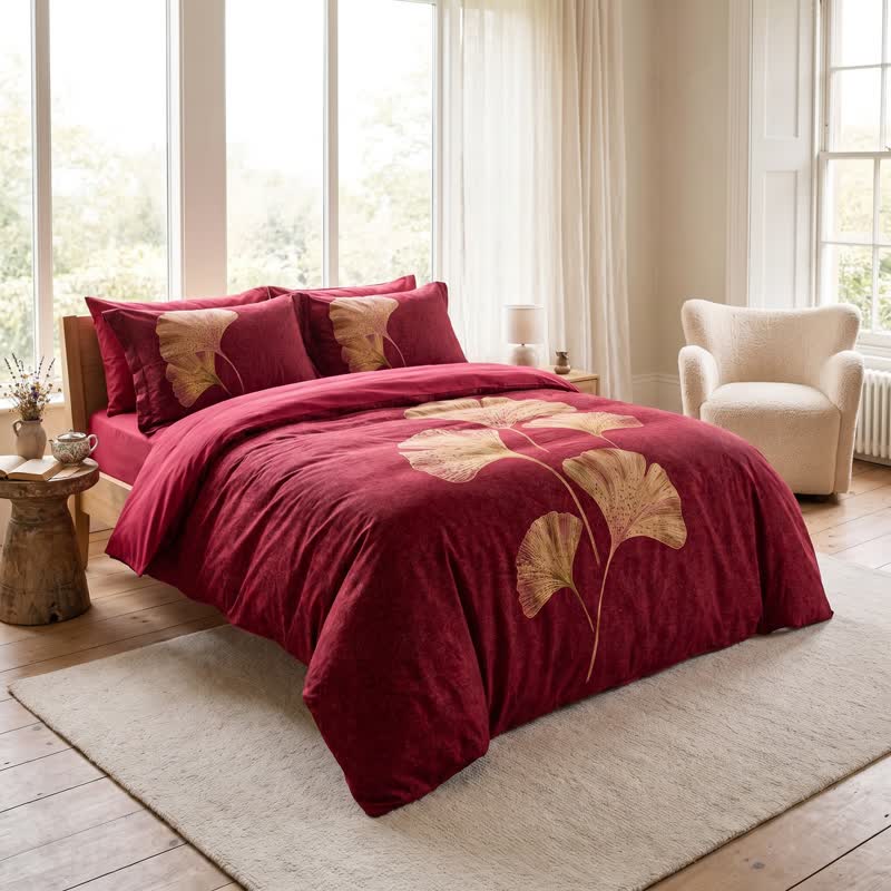 Ownkoti Deep Red Ginkgo Leaf Cotton Bedding Set - image 1