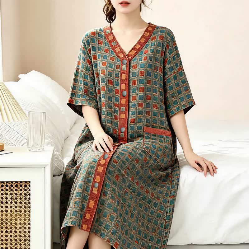 Ownkoti Plus Size Plaid Cotton Cardigan Nightgown  - image 1