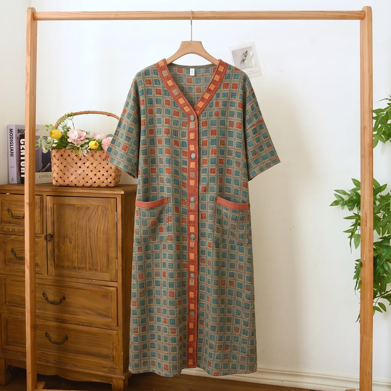 Ownkoti Plus Size Plaid Cotton Cardigan Nightgown  - Green - 5XL - image 0