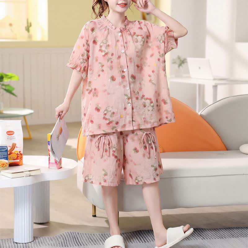 Ownkoti Plus Size Floral Cotton Gauze Short Pajama Set - image 2