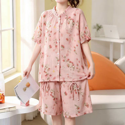 Ownkoti Plus Size Floral Cotton Gauze Short Pajama Set - Pink - 5XL - image 0