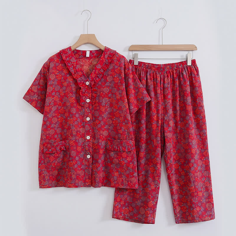 Ownkoti Plus Size Ruffle Trim Cropped Capri Loungewear Set - image 5