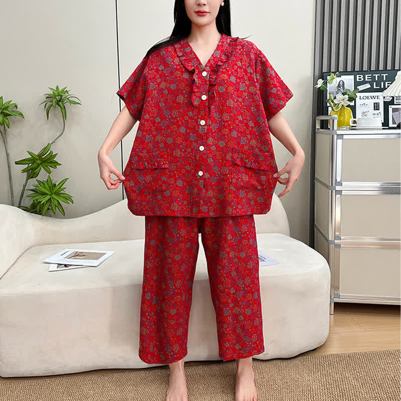 Ownkoti Plus Size Ruffle Trim Cropped Capri Loungewear Set - image 2