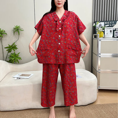 Ownkoti Plus Size Ruffle Trim Cropped Capri Loungewear Set - image 2