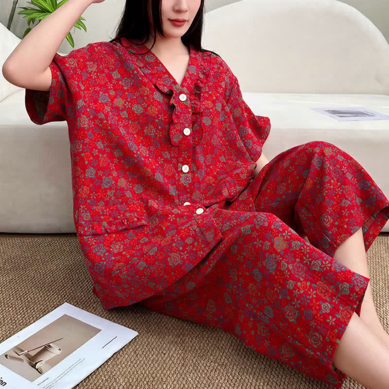 Ownkoti Plus Size Ruffle Trim Cropped Capri Loungewear Set - Red - 5XL - image 0