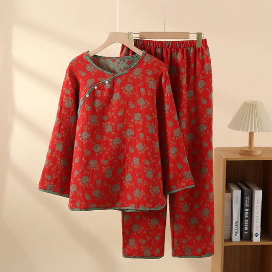 Ownkoti Oriental Side-Button Cotton Floral Pajama Set - Red - XL - image 0
