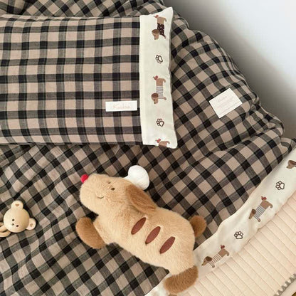 Cozy Khaki Gingham Quilt  with Puppy Embroidery - Brown - 2pcs Pillowcases - 19" × 29" - image 5