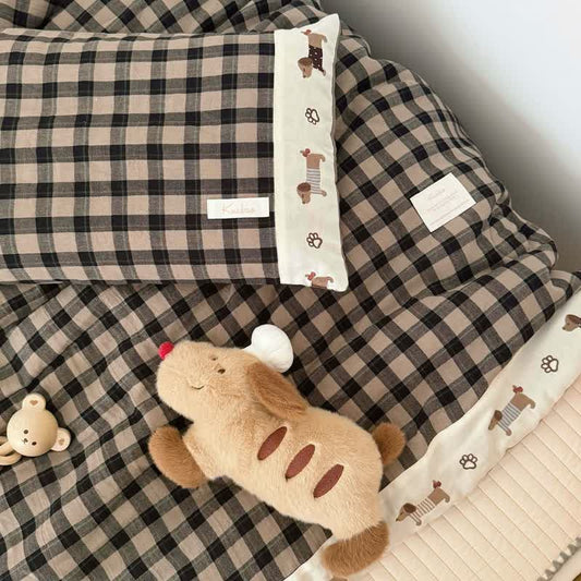 Cozy Khaki Gingham Quilt  with Puppy Embroidery - Brown - 2pcs Pillowcases - 19" × 29" - image 5