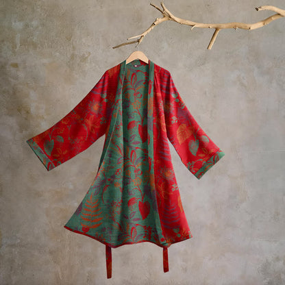 Ownkoti Retro Leaf Jacquard Cotton Kimono Robe - Red & Green - 2XL - image 0