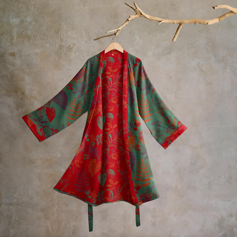 Ownkoti Retro Leaf Jacquard Cotton Kimono Robe - Green & Red - 2XL - image 5