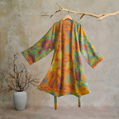 Ownkoti Vintage Floral Cotton Robe - Teal & Orange - 2XL - image 5