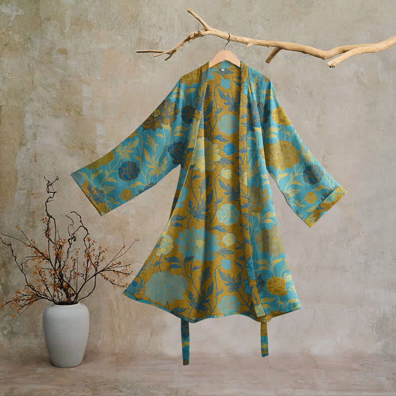 Ownkoti Vintage Floral Cotton Robe - Blue & Green - 2XL - image 10