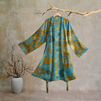Ownkoti Vintage Floral Cotton Robe - Green & Blue - 2XL - image 15