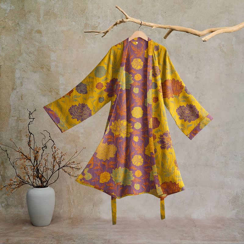 Ownkoti Vintage Floral Cotton Robe - Yellow & Purple - 2XL - image 20