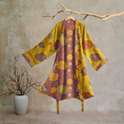 Ownkoti Vintage Floral Cotton Robe - Yellow & Purple - 2XL - image 20