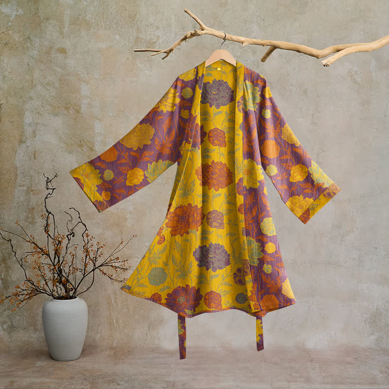 Ownkoti Vintage Floral Cotton Robe - Purple & Yellow - 2XL - image 25