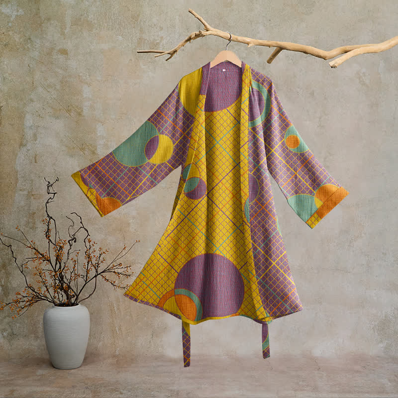 Ownkoti Retro Geometric Circle Cotton Robe - Purple & Yellow - 2XL - image 0