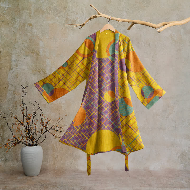 Ownkoti Retro Geometric Circle Cotton Robe - Yellow & Purple - 2XL - image 5