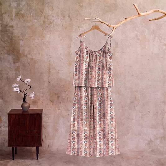 Ownkoti Bohemian Floral Stripe Cami Loungewear Set - Red - XL - image 0
