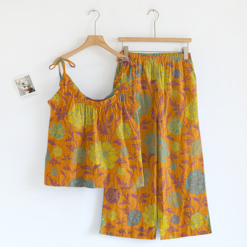 Ownkoti Retro Peony Cotton Cami Loungewear Set - Orange & Teal - XL - image 0