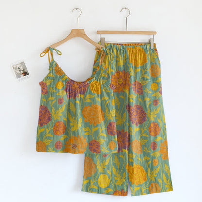 Ownkoti Retro Peony Cotton Cami Loungewear Set - Teal & Orange - XL - image 4