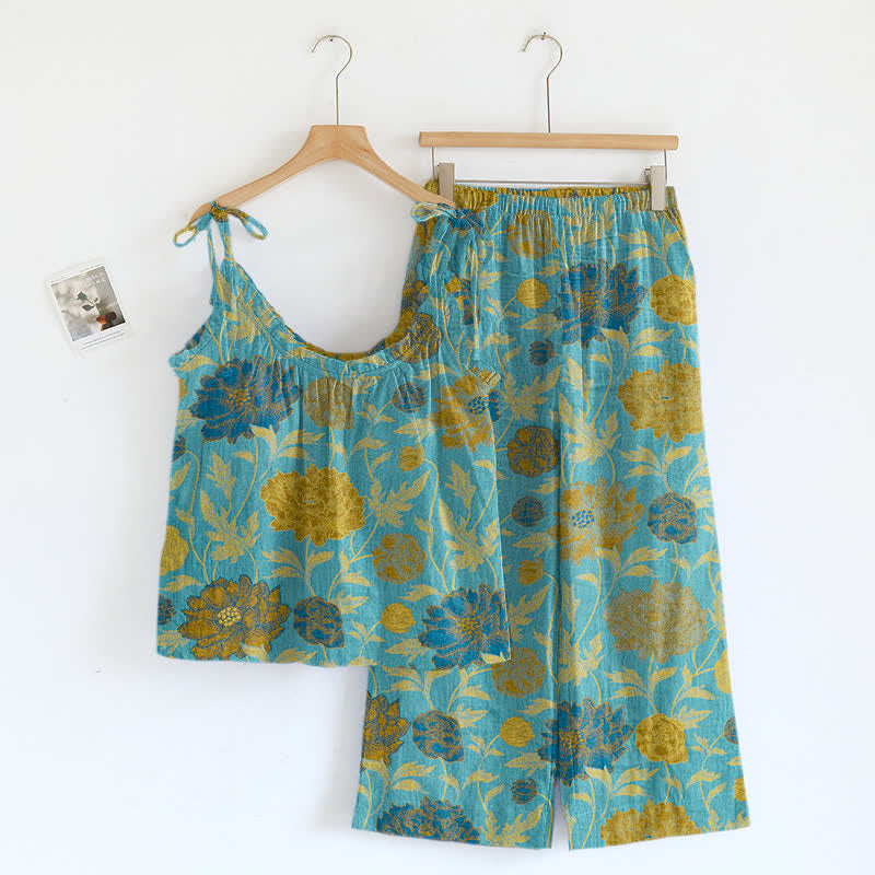 Ownkoti Retro Peony Cotton Cami Loungewear Set - Blue & Green - XL - image 8