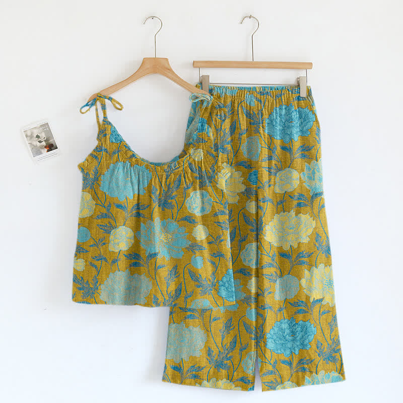 Ownkoti Retro Peony Cotton Cami Loungewear Set - Green & Blue - XL - image 12