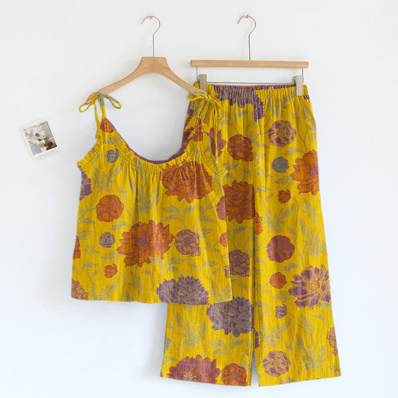 Ownkoti Retro Peony Cotton Cami Loungewear Set - Yellow & Purple - XL - image 16