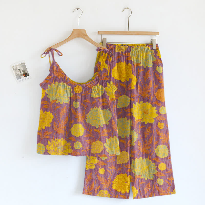 Ownkoti Retro Peony Cotton Cami Loungewear Set - Purple & Yellow - XL - image 20