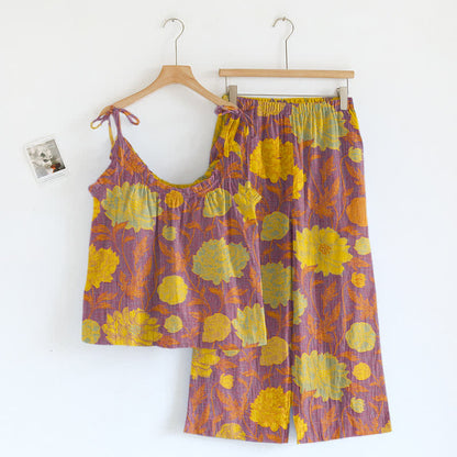 Ownkoti Retro Peony Cotton Cami Loungewear Set - Purple & Yellow - XL - image 20