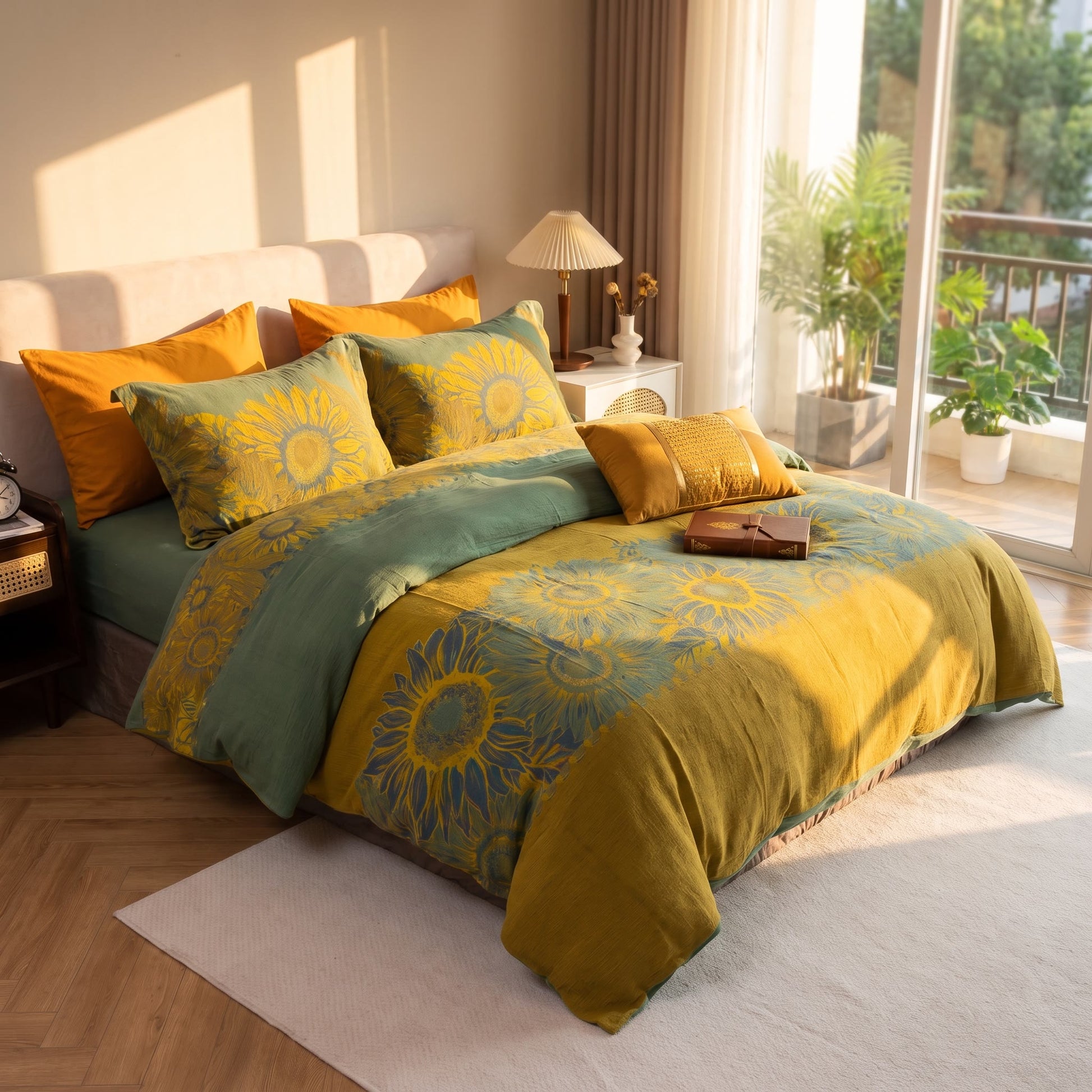 Ownkoti Vintage Sunflower Cotton Gauze Bedding Set - Green & Yellow - Queen - image 19