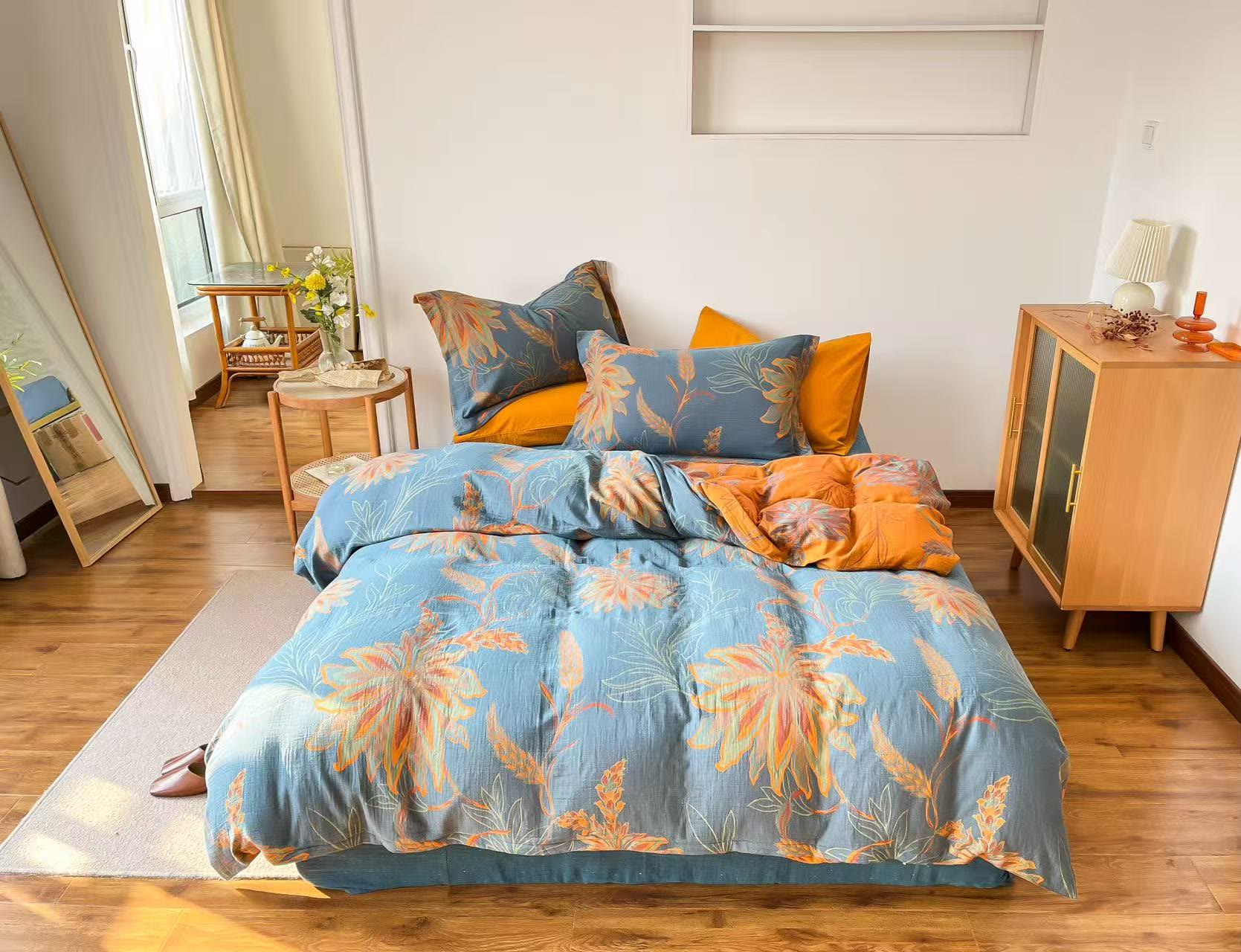Ownkoti Vintage Floral Cotton Gauze Bedding Set - Blue - Queen - image 0