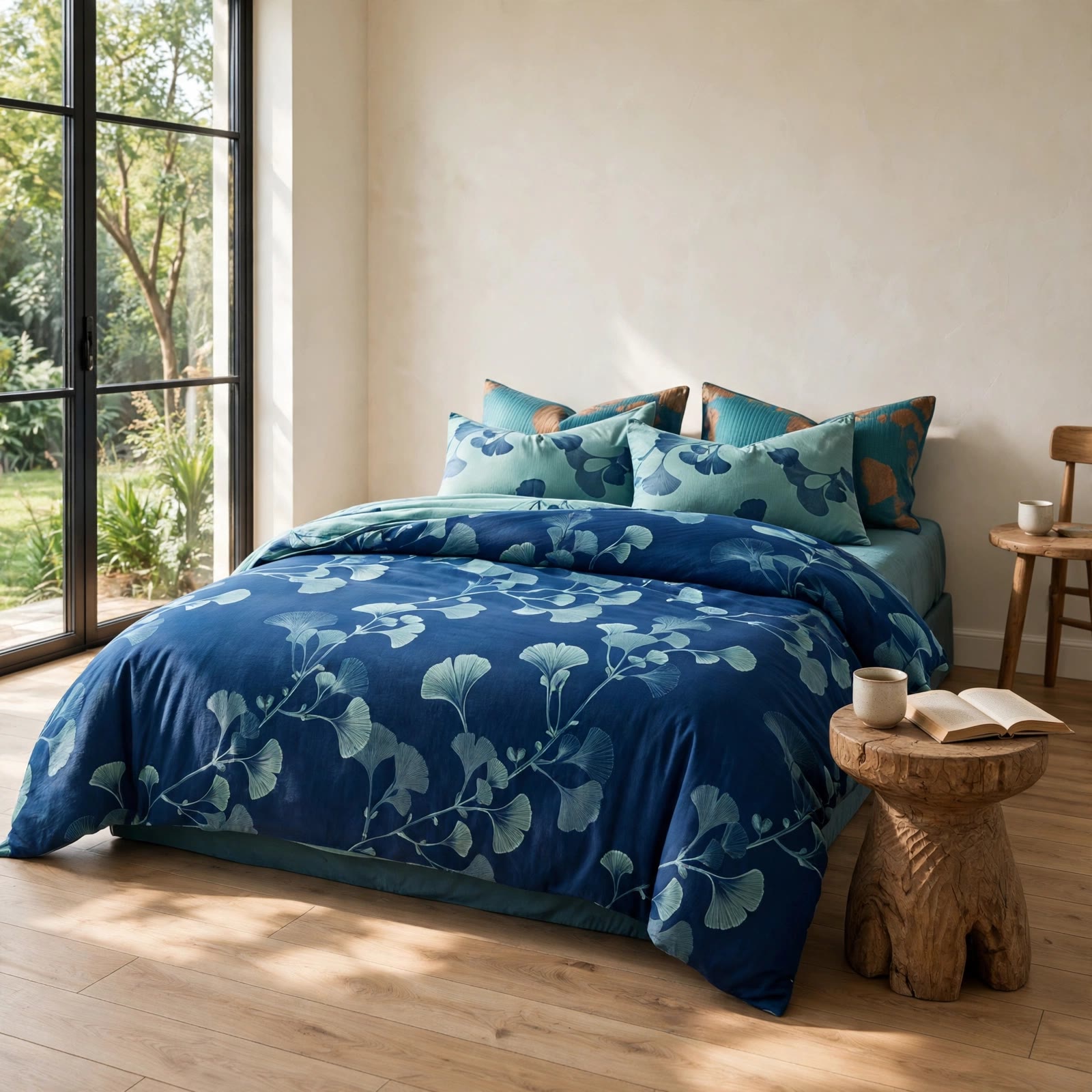 Ownkoti Vintage Ginkgo Leaf Cotton Bedding Set - Blue - Queen - image 0